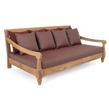 Canapea fixa pentru gradina / terasa, din lemn de tec, cu perne detasabile tapitate cu stofa, 3 locuri, Bali Burgundy / Natural, l190xA112xH81 cm