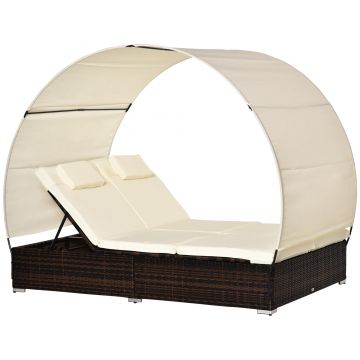 Outsunny Set Mobilier Lux Sezlong Gradina in Ratan PE cu acoperis Dublu Saltea si Spatar Recliner, 196x137x36.5acm Crem | Aosom.ro | Aosom Romania