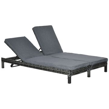 Set Sezlong cu 2 locuri și 2 perne captusite, husa impermeabila, din PE Ratan, Cadru in otel, Gri 195x120x28cm Outsunny | Aosom Romania