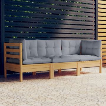 Canapea de grădină cu 3 locuri, cu perne gri, lemn masiv pin