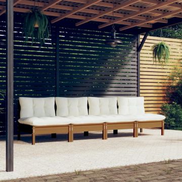 Canapea de grădină cu 4 locuri, cu perne crem, lemn masiv pin