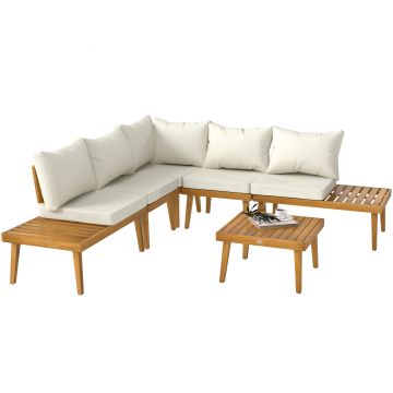 Outsunny Salon de grădină în aer liber, 5 locuri, modular din lemn de acacia, canapea unghiulară în aer liber cu masă de cafea și perne | Aosom Romania