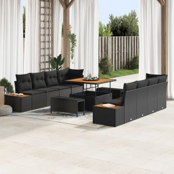 Set 11 Piese Sofa Grădină cu Perne Ratan Poli Acacia Negru, Set 3 Piese Masă Grădină cu Perne Ratan Poli Acacia Negru