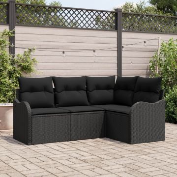 Set 4 piese canapea grădină cu perne rattan poli negru, Canapea grădină 2 locuri cu storage și perne rattan poli negru
