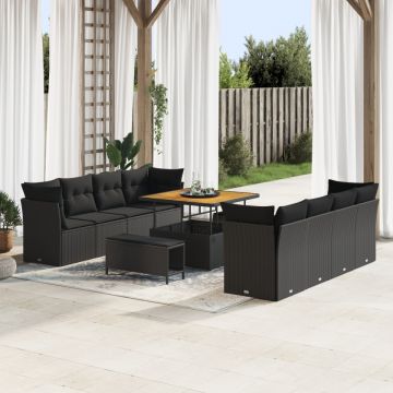 Set canapea 11 piese cu perne Ratan Polipropilenă Negru, Set dining grădină 3 piese cu perne Ratan Polipropilenă Negru