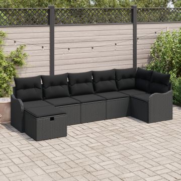 Set canapea de grădină 7 piese cu perne Negru Ratan Poli, Canapea de grădină 2 locuri cu perne Negru Ratan Poli