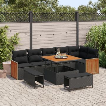 Set canapea de grădină 9 piese cu perne Negru Poliratan Acacia, Set de dining de grădină 3 piese cu perne Negru Poliratan Acacia