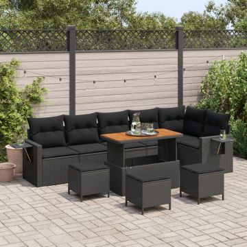 Set canapea de grădină cu 10 piese și perne Ratan poliesteric negru, acacia, Set de dining de grădină cu 4 piese și perne Ratan poliesteric negru, acacia