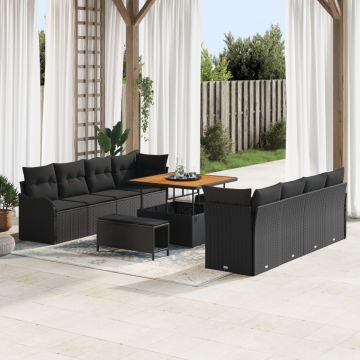 Set canapea de grădină cu 11 piese și perne - Poliratan negru Acacia, Canapea de grădină cu 2 locuri și spațiu de depozitare cu perne - Poliratan negru, Set dining de grădină cu 3 piese și perne - Poliratan negru Acacia