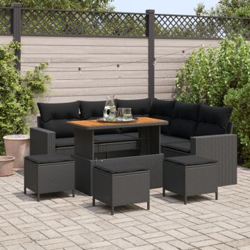 Set canapea de grădină cu perne Negru Ratan Poli Acacia 9 piese, Set dining grădină cu perne Negru Ratan Poli Acacia 4 piese