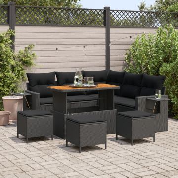 Set Canapea de Grădină cu Perne Negru Ratan Polimer Acacia, Set de Mâncare de Grădină cu Perne Negru Ratan Polimer Acacia