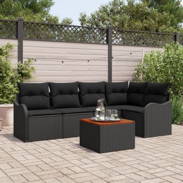 Set Canapea de Grădină de 6 Piese cu Perne Negru Ratan Polimeric Acacia, Canapea de Grădină pentru 2 Persoane cu Perne Negru Ratan Polimeric