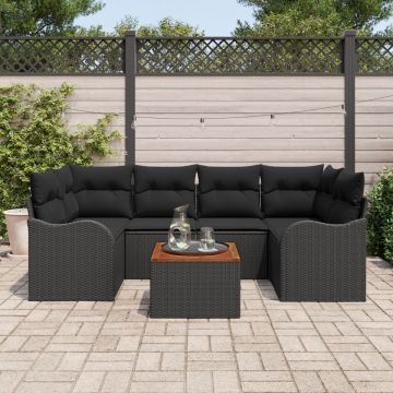 Set canapea de grădină de 7 piese cu perne Negru Ratan poli Acacia, Canapea de grădină pentru două persoane cu depozitare & perne Negru Ratan poli