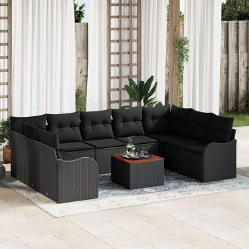 Set canapea grădină 10 piese cu perne Ratan polyester negru Acacia, Canapea grădină 2 locuri cu perne Ratan polyester negru