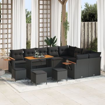 Set Canapea Grădină 13 Piese cu Perne Negru Rattan Poliratan Acacia, Set Dining Grădină 4 Piese cu Perne Negru Rattan Poliratan Acacia