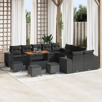 Set canapea grădină 14 piese cu perne Negru Poliratan Acacia, Set dining grădină 4 piese cu perne Negru Poliratan Acacia