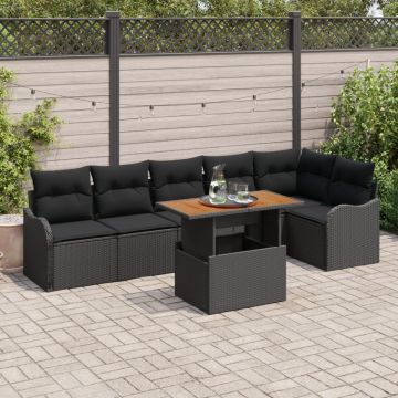 Set canapea grădină 7 piese cu perne Negru Ratan Acacia, Canapea grădină 2 locuri cu perne Negru Ratan