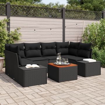 Set canapea grădină 7 piese și perne, Negru, Poliratan, Acacia