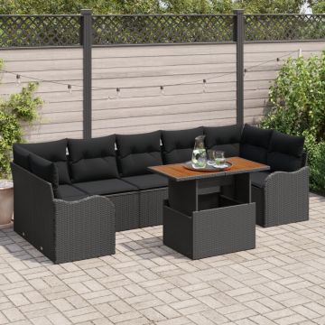 Set Canapea Grădină 8 Piese și Perne Negru Ratan Poli Acacia, Canapea Grădină 2 Piese și Perne Negru Ratan Poli