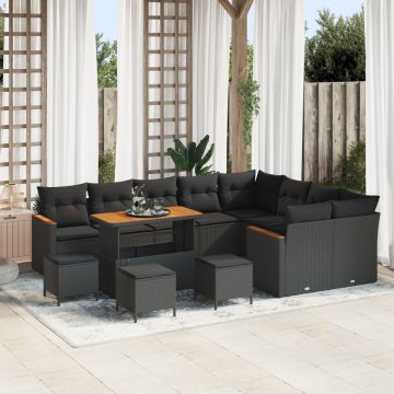 Set Canapea Grădină cu 13 Piese cu Pernă Negru Poli Ratan Acacia, Set de Dining Grădină cu 4 Piese cu Pernă Negru Poli Ratan Acacia