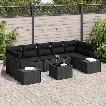 Set canapea grădină cu 8 piese și perne, Negru, Poliratan
