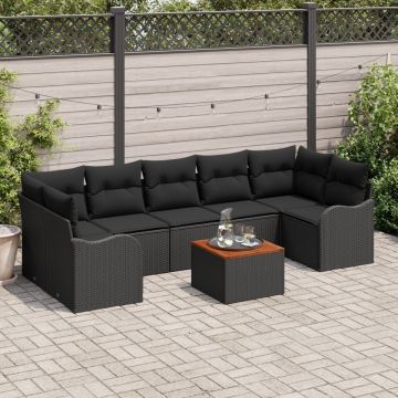 Set Canapea Grădină cu 8 Piese și Pernițe Rattan Poli Negru Acacia, Canapea Grădină cu Depozitare și Pernițe Rattan Poli Negru