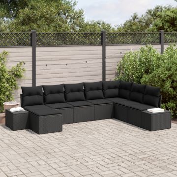 Set Canapea Grădină cu Perne Negru Poliratan 8 Piese