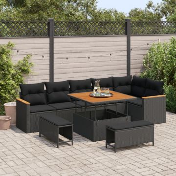 Set canapea grădină cu perne Negru Rattan Acacia, Set de dining grădină cu perne Negru Rattan Acacia