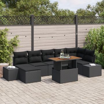 Set Canapea Grădină Set 8 Negru Poliratan, Oțel, Lemn