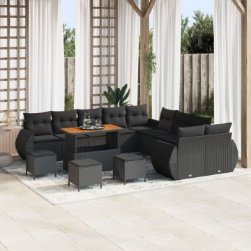 Set canapea pentru grădină 14 piese cu perne Ratan negru acacia, Set de dining pentru grădină 4 piese cu perne Ratan negru acacia