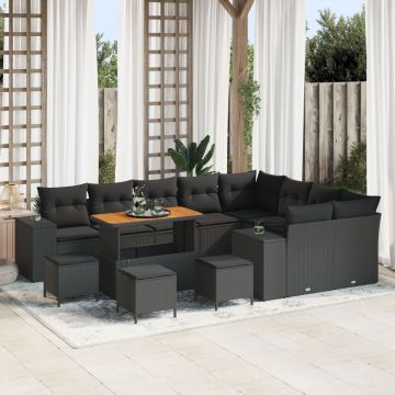 Set canapea pentru grădină cu 12 piese și perne Negru Ratan Poli Acacia, Set de 3 piese pentru dining în grădină cu perne Negru Ratan Poli Acacia
