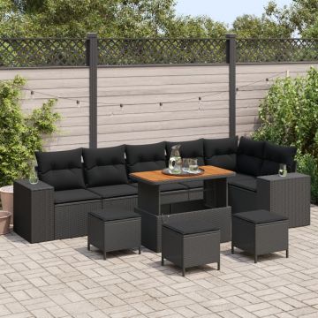 Set Canapele 9 Piese cu Perne Ratan Poliester Negru Acacia, Set Dining Grădină 3 Piese cu Perne Ratan Poliester Negru Acacia