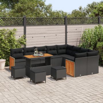 Set canapele grădină 13 piese, cu perne, ratan poli negru, Acacia, Set mese grădină 4 piese, cu perne, ratan poli negru, Acacia