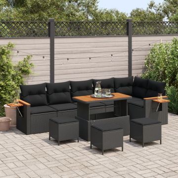 Set Canapele Grădină 9 Piese cu Perne Rattan Poli Negru Acacia, Set Mese Grădină 3 Piese cu Perne Rattan Poli Negru Acacia