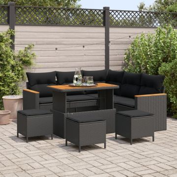 Set Canapele Grădină cu Perne Negru Ratan Poli Acacia, Set Dining Grădină cu Perne Negru Ratan Poli Acacia