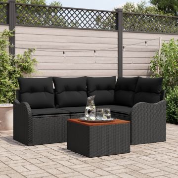 Set Canapele Grădină cu Perne Negru Ratan Polimeric Acacia, Canapea Grădină cu 2 Locuri și Spațiu Stocare & Perne Negru Ratan Polimeric