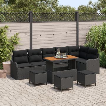 Set de 10 piese de sofa pentru grădină cu perne ratan negru acacia, Sofa de grădină cu 2 locuri cu spațiu de stocare & perne ratan negru, Set de dining de grădină cu 4 piese cu perne ratan negru acacia