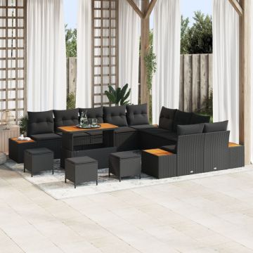 Set de 14 piese de sofa de grădină cu pernuțe Poliratan negru Acacia, Set de dining de 4 piese de grădină cu pernuțe Poliratan negru Acacia