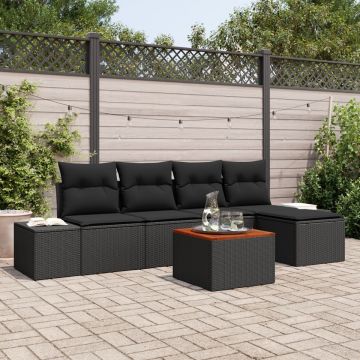 Set de 6 Piese pentru Grădină cu Perne Negru din Ratan Acacia