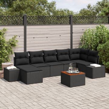 Set de 8 Piese de Sofa de Grădină cu Perne Negre din Poliratan Acacia