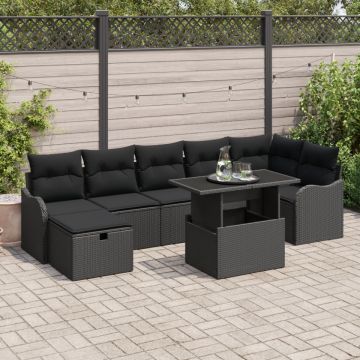Set de 8 piese pentru canapea de grădină cu perne Ratan Negru Poly, Canapea de grădină cu 2 locuri și depozitare & perne Ratan Negru Poly