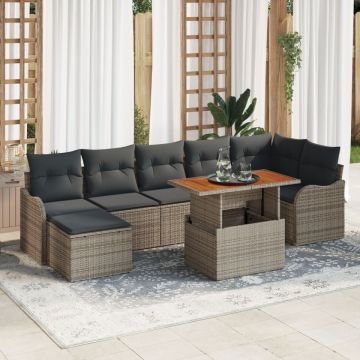 Set de 8 piese pentru grădină cu perne gri din poliratan și acacia, Sofa de grădină pentru 2 persoane cu perne gri din poliratan
