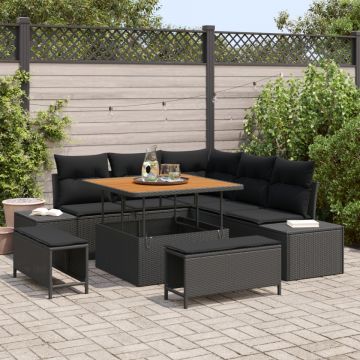 Set de 8 piese pentru grădină cu perne Negru Poliratan Acacia, Sofa de grădină cu 2 locuri și depozit & perne Negru Poliratan, Set de dining pentru grădină cu 3 piese și perne Negru Poliratan Acacia