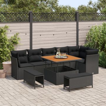 Set de 9 piese de sofa pentru grădină cu pernuțe Negru Ratan Poli Acacia, Set de 3 piese pentru masă în grădină cu pernuțe Negru Ratan Poli Acacia