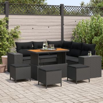 Set de 9 Piese pentru Grădină cu Pernuțe Negru din Ratan Poliester și Acacia, Set de Mâncare pentru Grădină cu Pernuțe Negru din Ratan Poliester și Acacia