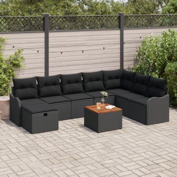 Set de 9 Piese Sofa de Grădină cu Perne din Ratan Poliester Negru, Sofa de Grădină pentru 2 Persoane cu Spațiu de Depozitare & Perne din Ratan Poliester Negru