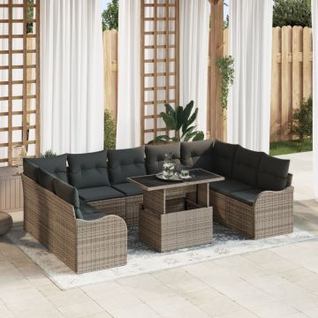 Set de canape de grădină din 10 piese cu perne gri din ratan poli, Set de canapea de grădină cu două locuri cu perne gri din ratan poli