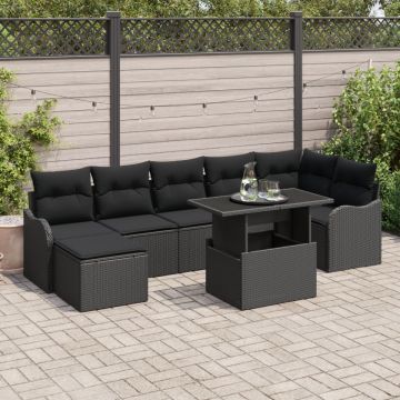 Set de Canapea 8 Piese Grădină cu Perne Negru Ratan, Canapea Grădină cu Două Locuri și Spațiu de Depozitare & Perne Negru Ratan