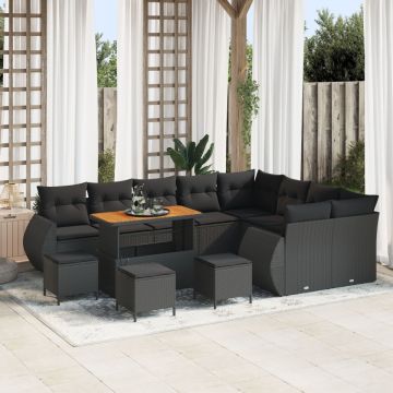 Set de canapea de grădină 13 piese cu perne Negru Poliratan Acacia, Set de dining de grădină 4 piese cu perne Negru Poliratan Acacia