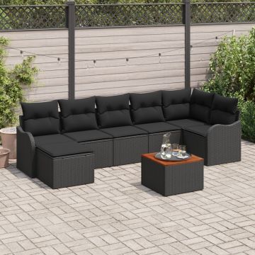 Set de Canapea de Grădină 8 Piese cu Pernă Negru Poliratan Acacia, Sofa de Grădină 2 Persoane cu Pernă Negru Poliratan